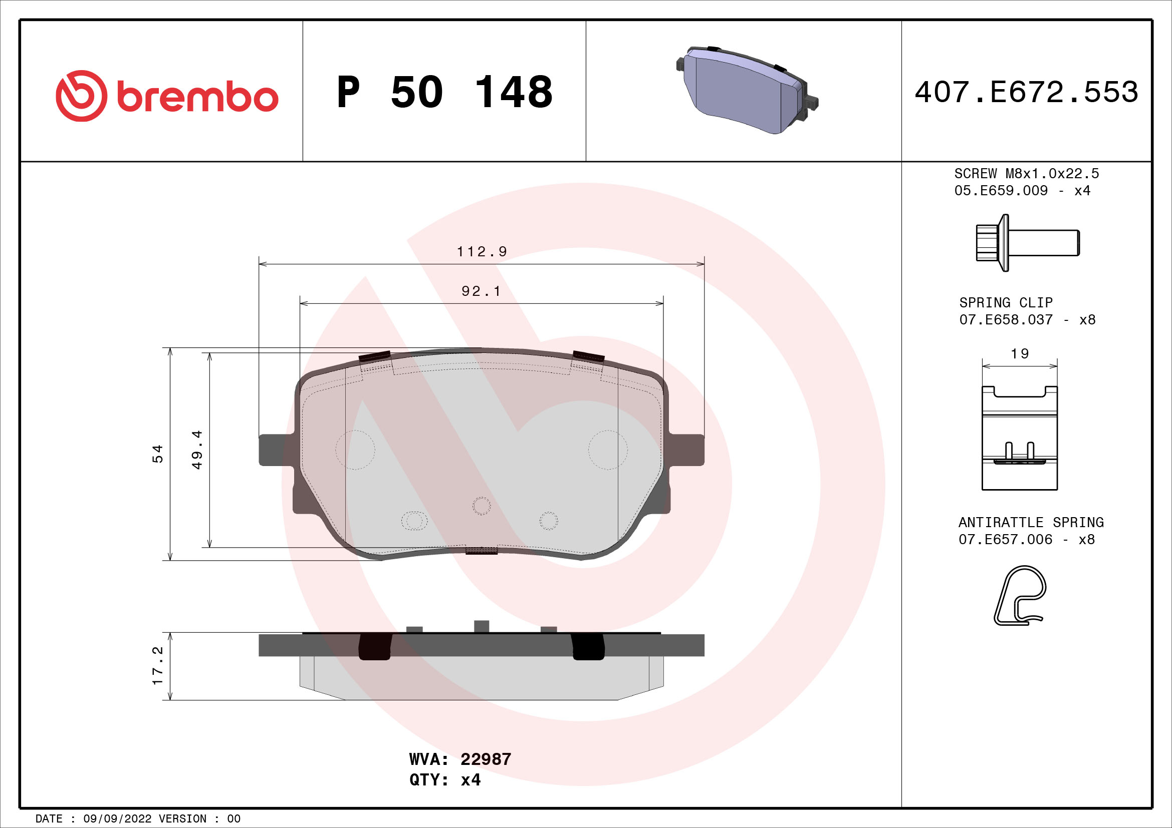 A.B.S. P 50 148 BREMBO Bremsbelagsatz, Scheibenbremse